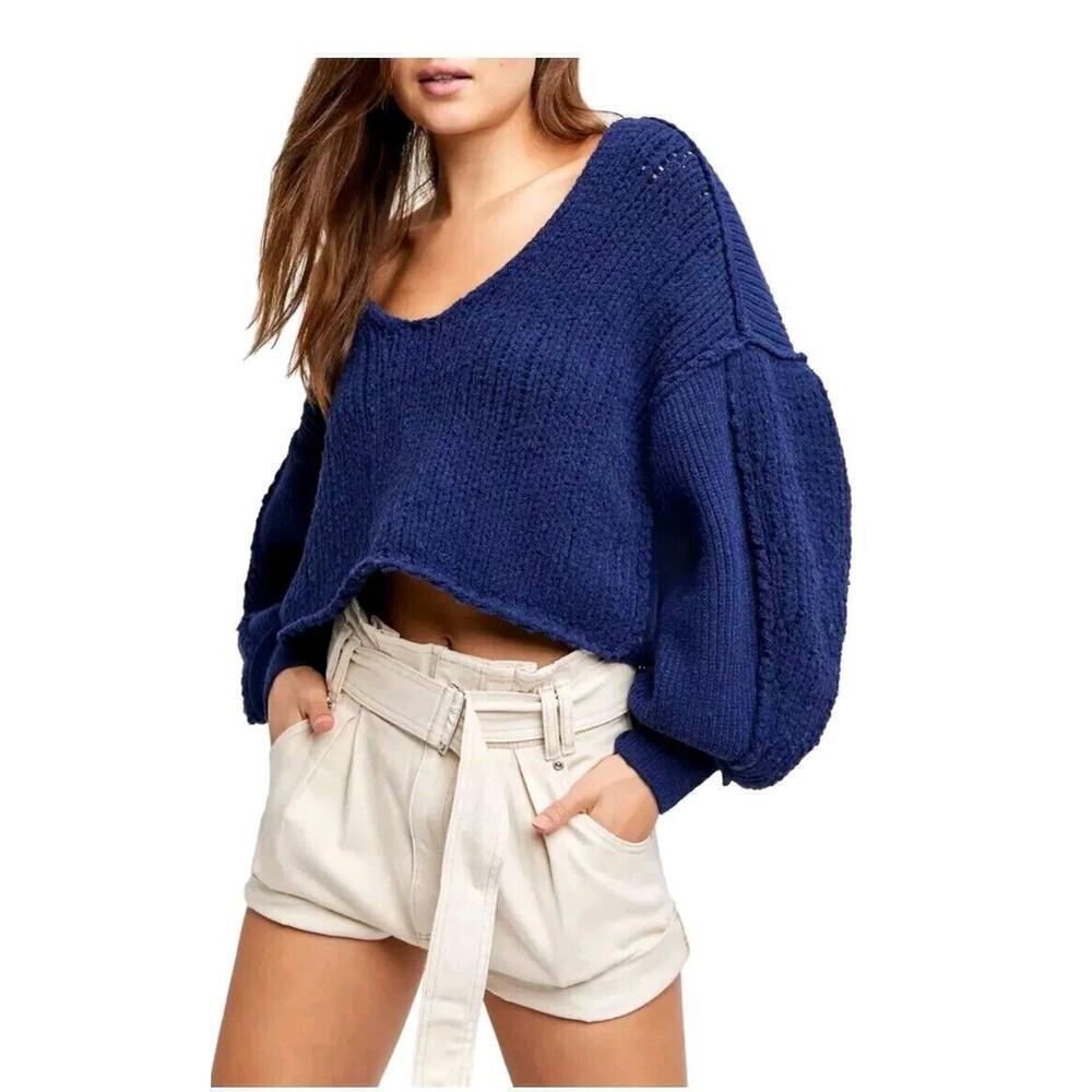 Free People Crop Sweater Small Boxy Sea Bright Navy Blue Top Relaxed Bohemian